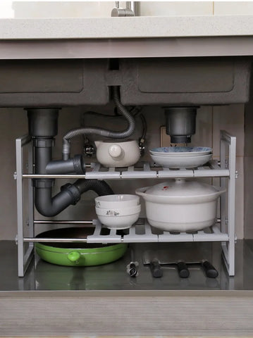 Kitchen Sink Storage Rack Stainless Steel Retractable Cabinet Double Partition Rack Household Pot And Bowl Rack Storage Rack