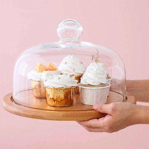 Wood Cake Display Rack Cupcake Holder Dome Lid For Tea Party Cake Serving Plate Cheese Display Glass Dome