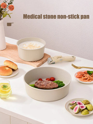 1PC Non-stick Detachable Medical Stone Pot Set White Nesting Household Cookware Outdoor Camping Composite Bottom