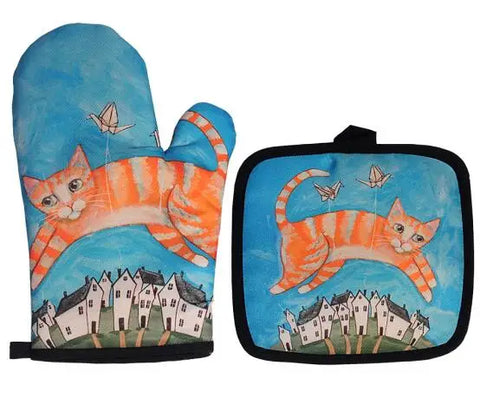 Blue Cat Pattern Microwave Glove Cute Baking Gloves and Mat Polyester Oven Mitt Insulation Potholder Kitchen Tools Accessories