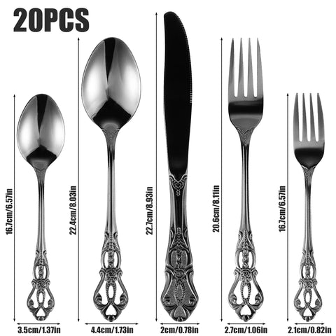 20/40Pcs Flatware Set Stainless Steel Silverware Set Retro Royal Western Tableware Cutlery Set with Cutter Spoon Fork for Home