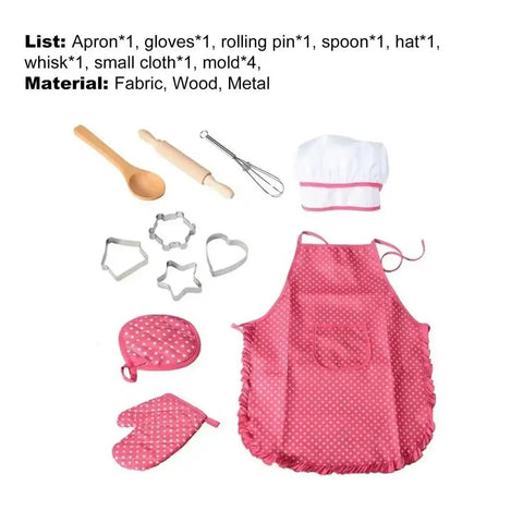 11PCS Kids Cooking Baking Set Chef Set, Includes Apron for Girls, Chef Hat, Mitt & Utensil Gifts for 3-10 Year Old Kids