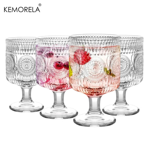 4PCS Vintage Goblet Glasses Charming Vintage Embossed Floral Cocktail Glass Cups Set Mixed Drink Glasses For Bars Restaurants