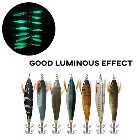 Fishing Lur 14PCS Fishing Wood Shrimp Luminous Squid Octopus Cuttlefish Bait 3D Eye Hard Bait Professional Fishing Tool