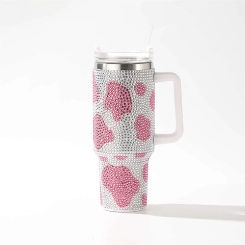 40oz Diamond Handle Tumbler Cow Leopard Printed Modern Tumbler Insulated Cup Reusable Stainless Steel Water Bottle Travel Mug