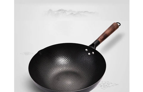 Carbon Steel Wok Pan 32cm Stir Fry Wok Set with Wooden Lid Non-Stick Flat Bottom Frying Pan for Electric Induction and Gas Stove