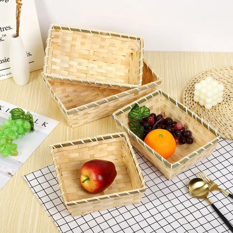 Simple Natural Color Bamboo Basket Rectangle Handmade Christmas Hamper Woven Wicker Bread Basket Home Shop Display