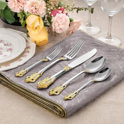 Luxury 65 Pieces 18/10 Stainless Steel Flatware Service for 12, silver plated with gold accents Fine Silverware