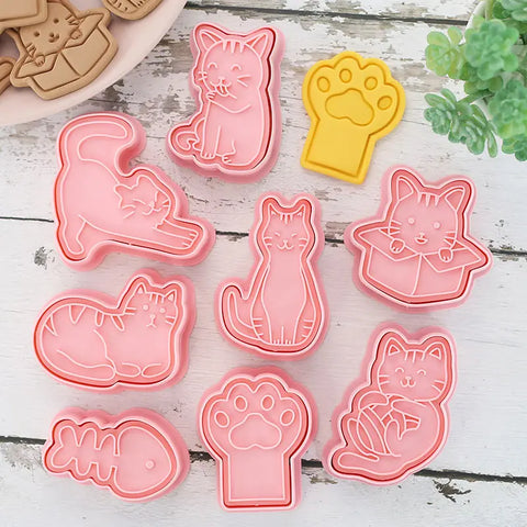 8Pcs/set Cat Cookie Cutters Plastic 3D Cartoon Pressable Biscuit Mold Cookie Stamp Kitchen Baking Pastry Bakeware Tool