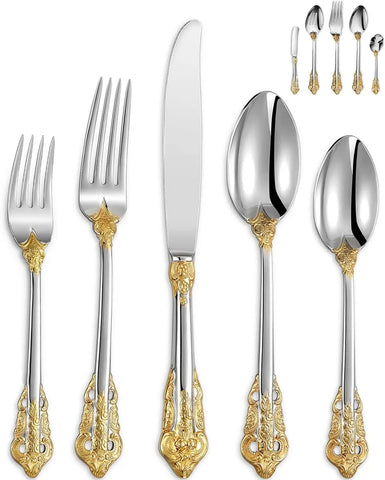 Luxury 65 Pieces 18/10 Stainless Steel Flatware Service for 12, silver plated with gold accents Fine Silverware