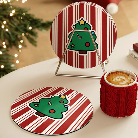 Christmas Style Coasters Tabletop Tea Cups Absorbent Pads Bowl Plates Circular Placemats Drain Christmas Party Accessories