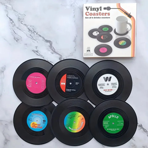 6PCS Retro Vinyl Record Coaster Set with Storage Rack - Heat-resistant, CD Shaped Beverage Mat Suitable for Coffee and Tea Cups