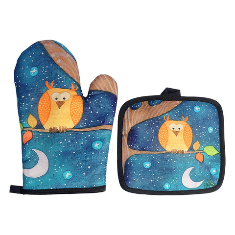 Blue Cat Pattern Microwave Glove Cute Baking Gloves and Mat Polyester Oven Mitt Insulation Potholder Kitchen Tools Accessories