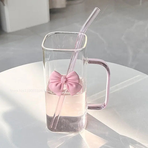 350ML Square Mug with Lids and Straws with Bow Water Cup Household Cup Female Milk Coffee Cups with Pink Handle Gift