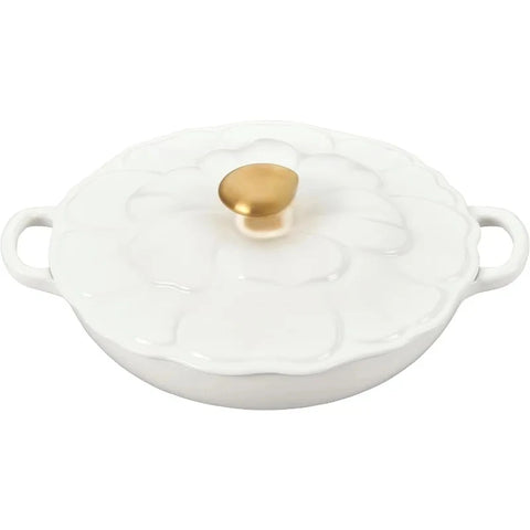 Enameled Cast Iron Petal Braiser, 2.25qt. White Dutch Ovens Pots and Pans, Gold Knob