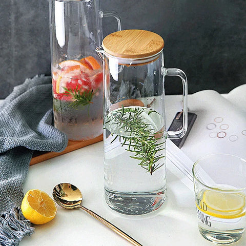 1.7L Glass Water Pitcher With Handle Bamboo Lid Heat Resistant Cold Hot Kettle Capacity Tea Pitcher Water Juice Jug