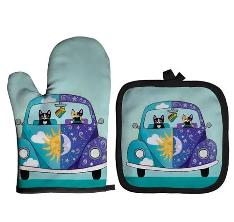 Blue Cat Pattern Microwave Glove Cute Baking Gloves and Mat Polyester Oven Mitt Insulation Potholder Kitchen Tools Accessories