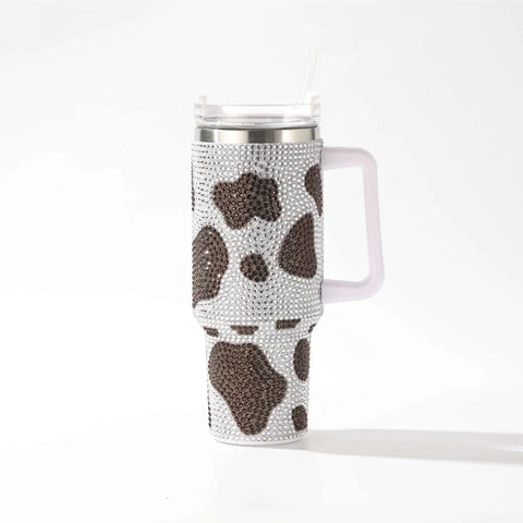 40oz Diamond Handle Tumbler Cow Leopard Printed Modern Tumbler Insulated Cup Reusable Stainless Steel Water Bottle Travel Mug