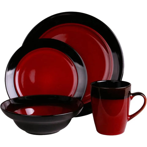 Round Stoneware Two-Toned Dinnerware Dish Set, 16 Piece, Bright Red and Black