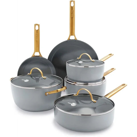 Reserve Hard Anodized Healthy Cermaic Nonstick 12 Piece Cookware Pots and Pans Set, Gold Handles, PFAS-Free, Dishwasher Safe, Ch