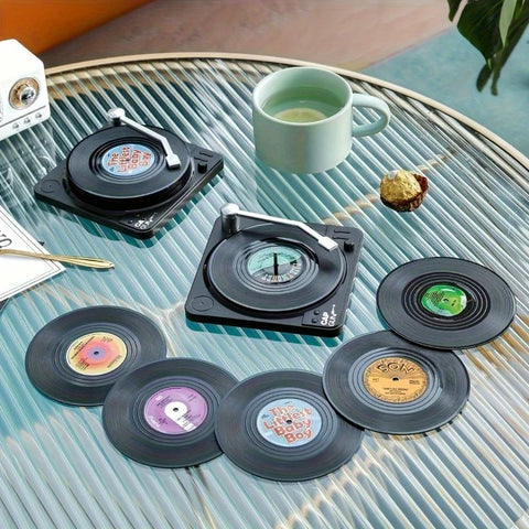 6PCS Retro Vinyl Record Coaster Set with Storage Rack - Heat-resistant, CD Shaped Beverage Mat Suitable for Coffee and Tea Cups