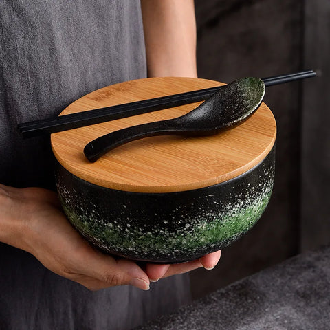 Japanese Style Ramen Bowl Ceramic Bowl Set Salad Bowl Soup Bowl with Lid Student Instant Noodle Bowl