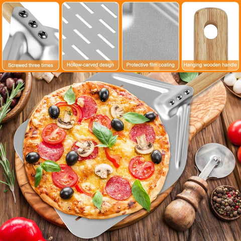 12inch Aluminium Alloy Pizza Shovel with Wood Handle Non-Stick Perforated Pizza Shovel Lightweight Pizza Peel Shovel Baking Tool