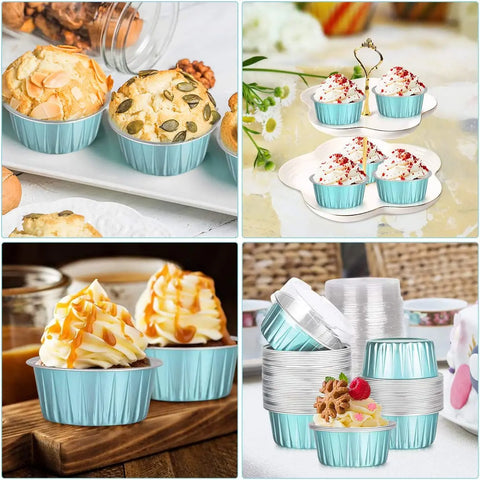 50Pcs Ramekins with Lids, 5oz Aluminum Foil Baking Cups Cupcake Muffin Liners Pudding Dessert Cups for Wedding Birthday