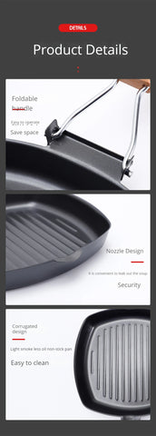 Foldable Portable Frying Pan Picnic Grill Pan Anti-scald Wooden Handle Outdoor Grill Pan Double Mouth Steak Pan(No Lid)