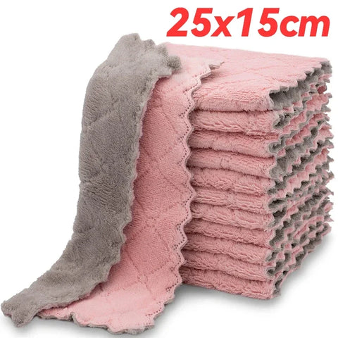 12/1pcs Double-layer Microfiber Towel Super Absorbent Coral Fleece Cleaning Cloths Kitchen Non-stick Oil Dishcloths Scouring Rag