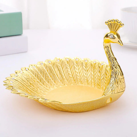 Gold Peacock Metal Plate Decorative Serving Tray for Candy, Fruits, Dessert, Nut Dish Home Wedding Party Supplies