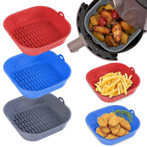 21CM Silicone Air Fryer Pot Tray BBQ Barbecue Pad Plate Airfryer Oven Baking Mold Basket Food Safe Reusable Square Air Fryer Pan