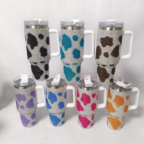 40oz Diamond Handle Tumbler Cow Leopard Printed Modern Tumbler Insulated Cup Reusable Stainless Steel Water Bottle Travel Mug