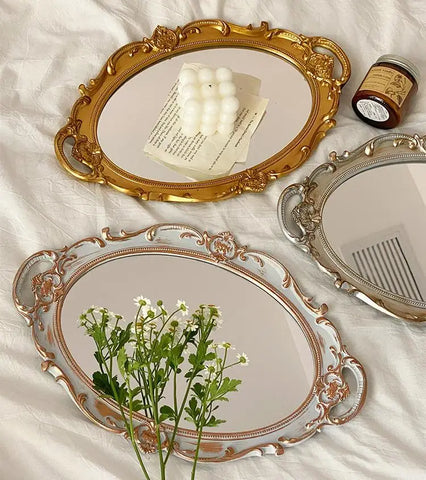 European Decorative Plate Storage Tray Oval  Jewelry Display Rotary Mirror  Candy Decor  Make Up