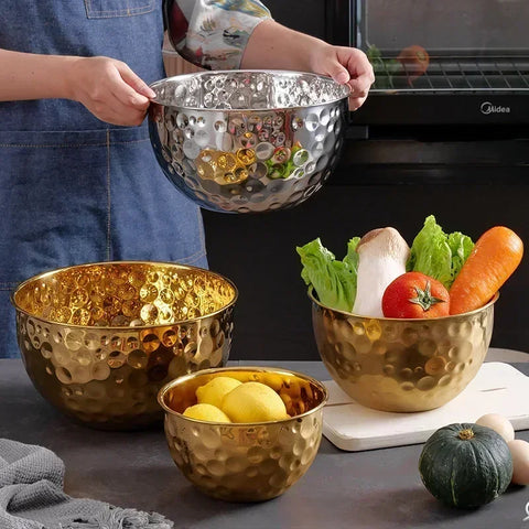 Gold/Silver Stainless Steel Hammer Point Fruit Bowl Salad Plate Egg Pot Thickened Baking Mixing Cooking Bowl Creative Decoration