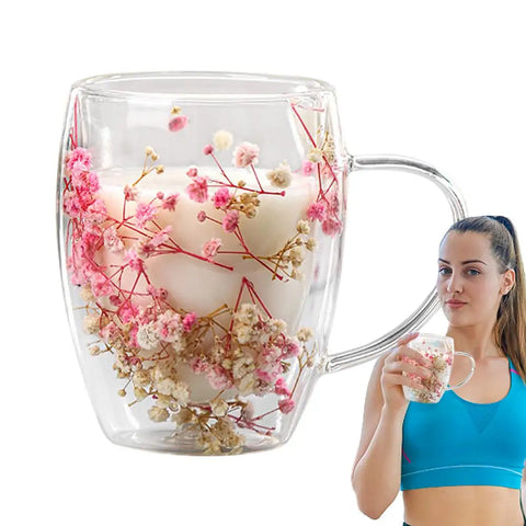 Fillings Dry Flowers Double Wall Glass Cup With Handle Heat Resistant Tea Coffee Cups Espresso Milk Mug Creative Gift 350ml