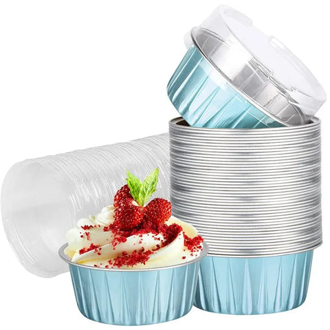 50Pcs Ramekins with Lids, 5oz Aluminum Foil Baking Cups Cupcake Muffin Liners Pudding Dessert Cups for Wedding Birthday