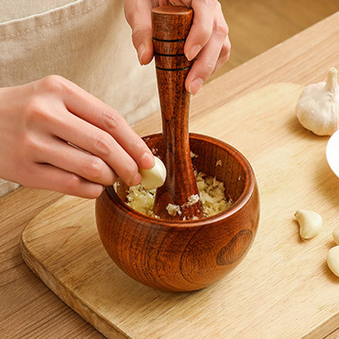 Wood Mortar and Pestle Garlic Mincer Herb Spice Masher Grinder Set for Garlic Pepper