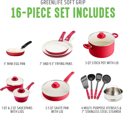 Soft Grip Healthy Ceramic Nonstick 16 Piece Kitchen Cookware Pots and Frying Sauce Pans Set, PFAS-Free, Dishwasher Safe, Red