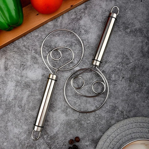 Danish Dough Whisk Stainless Steel Dutch Style Bread Dough Hand Mixer Wooden Handle Kitchen Baking Tools Pastry Dough Blender